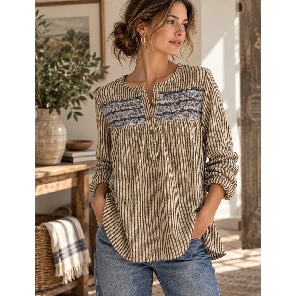 Current Elliott Striped Boho Peasant Blouse Womens Size 2 Blue Cream Tunic Top